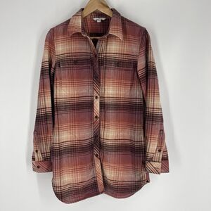 LL Bean Shirt Small Womens Pink Plaid Signature Chamois Flannel Tunic Shacket